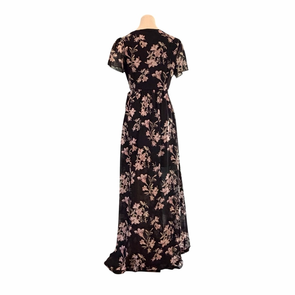 Ryan Michelle Floral Wrap Maxi Dress Black Pink Boho Chiffon Flutter Sleeve M - Picture 4 of 15